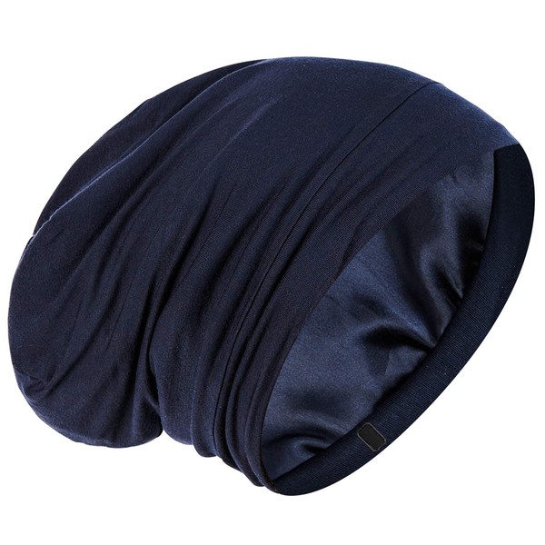 Silk Satin Lined Bonnet Sleep Cap - Adjustable Stay on All Night Hair Wrap Cover Slouchy Beanie for Curly Hair Protection for Women and Men - Solid Navy