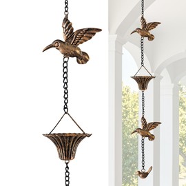 VICKEYWIN 8.5FT Hummingbird Cup Rain Chain, Decorative Metal Rain Catcher for Gutters, Outdoor Downspout Replacement, Handcrafted Iron Rain Chain for Garden Patio Yard (G2026-Copper)