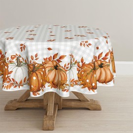 Horaldaily Fall Tablecloth 70×70 Inch Round, Thanksgiving Autumn Harvest Orange Buffalo Plaid Pumpkin Leaves Table Cover for Party Picnic Dinner Decor