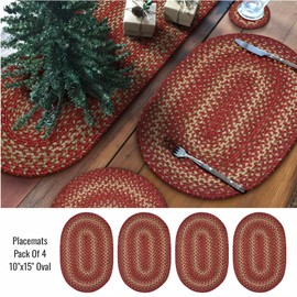 Homespice Apple Pie Premium Jute Braided Placemat Set of 4 Oval 10x15 Red Reversible, Natural Jute Yarn Rustic, Country, Primitive, Farmhouse Style