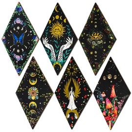 6 Pack Rustic Boho Wall Decor Gothic Wall Art Vintage Star Sun Butterfly Mushroom Witchy Phases Minimalist Wooden Wall Hanging for Bedroom Living Room Dining Room(11.8 x 6.7 Inch)