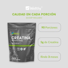Wellthy Creatina Monohidrata 450g. 100% Pura, Sin Sabor, Sin Azúcar, 5g de Creatina por porción, 90 días de Consumo, Scoop Incluído, Bottle Free.