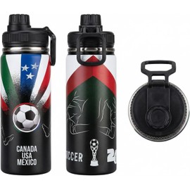 18 oz Soccer Fan Edition Water Bottle – Vacuum Insulated Stainless Steel Sports Flask with Leak-Proof Spout Lid, Three-Country Commemorative Travel Souvenir Gift