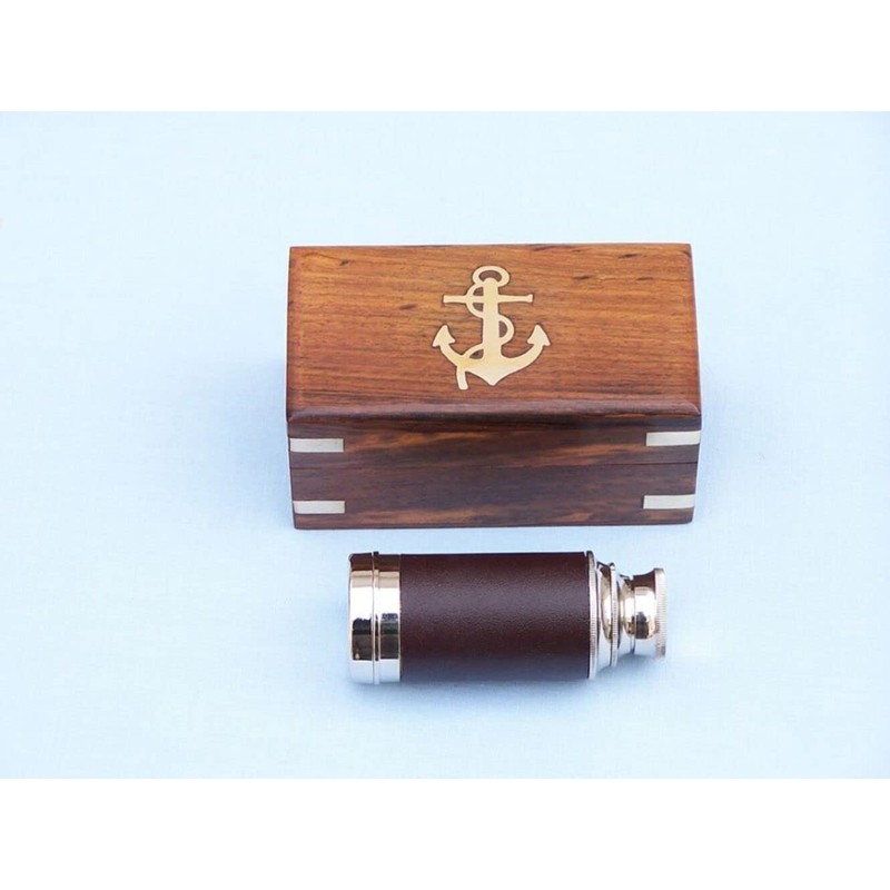 Hampton Nautical Scout's Chrome/Leather Spyglass Telescope with Black Rosewood Box,