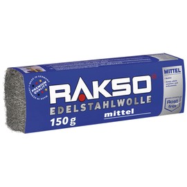 RAKSO Stainless Steel Wool Medium - 150 g, 1 Banderole, Rustproof, Removes Stubborn Deposits from Tiles, Ceramics - Floors in Wet Areas