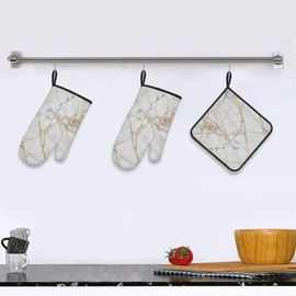 Uoyo Oven Mitts and Pot Holders Sets 3pcs, White Gold Marble Long Gloves & Trivet Mats Set Heat Resistant Kitchen Accessories for Chef Cooking Baking Grilling BBQ