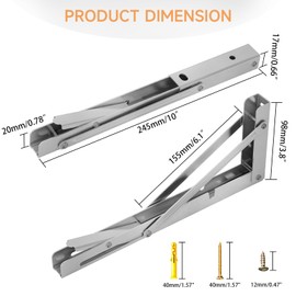 LSK 10 Inch Folding Shelf Brackets, Heavy Duty Stainless Steel Shelf Bracket Collapsible Shelf Brackets for Work Bench, Space Saving DIY L Bracket for Table, Max Load 220LBS, Pack of 2