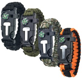 Pack of 4 Survival Bracelets, 5 in 1 Outdoor Survival Kit for Men Women, Outdoor Survival Bracelet with Flint + Compass + Whistle + Umbrella Rope + Mini Saw, Paracord Bracelet for Camping, Hiking