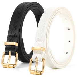 WHIPPY 2 Pack Skinny Leather Belts for Women Fashion Thin Waist Belts Ladies Gold Buckle Belts for Jeans Dresses,Black/White,41"