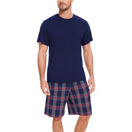 GYS Bamboo Viscose Men's Pajama Sets Short Sleeve Sleep Set with Pockets and Drawstring, Navy/Navy Plaid, Small