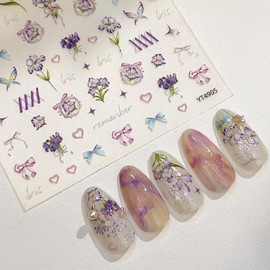 1 Sheet Purple Flower Nail Stickers, Bow Bouquet Nail Design Stickers, 3D Self-Adhesive Nail Decals for Women DIY Spring Manicure Decoration Supplies Acrylic Nails Supplies