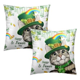 Kwlegh Happy St Patricks Day Pillows Covers 18x18 Pack of 2 Lucky Cat Clover Pillow Covers Rainbow Gold Coin Shamrock Decorative Pillow Cases Cushion Case for Living Room Couch Sofa