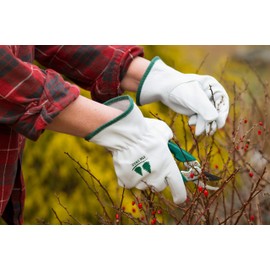 FirTree Brand Goatskin Utility Gloves. Women and Mens Leather Work Gloves for Outside Yard Work, Gardening Gloves and Landscape Gloves. Size Chart pictured at Left.