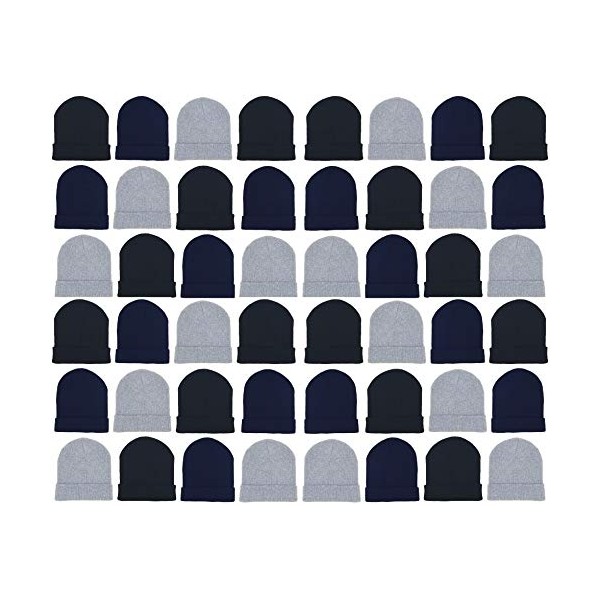 48 Pack Winter Beanies, Bulk Cold Weather Warm Knit Skull Caps, Mens Womens Unisex Hats (Assorted Black Navy Gray)