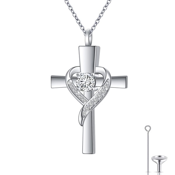 HOOHWE Ash Necklace Sterling Silver Urn Necklaces for Ashes, S925 Sterling Silver Cross Heart Cremation Jewellery for Ashes for Women Men, Cremation Keepsake Memorial Gift, Sterling Silver
