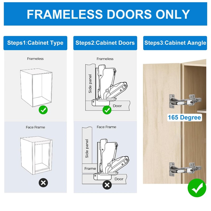 2 Pack 165 Degree Frameless Cabinet Doors Hinges, Clip ON