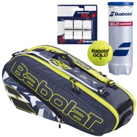 Babolat Pure Aero Racquet Holder x6 Tennis Bag (Grey/Yellow/White) with Optional Accessories