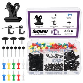 Swpeet 310Pcs Black Push Pins Set, Including Thumb Tacks, Push Pin Hooks, Pushpin Clips, Decorative Push Pins and Map Tacks, 5 Style Black Office Accessories Ideal for Map Office