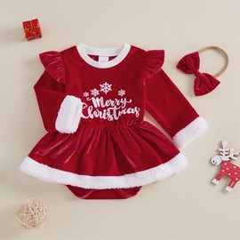 FIOMVA My First Christmas Baby Girl Outfit Newborn Velvet Ruffle Romper Dress Infant Bodysuit Cute Fall Winter Clothes (C Merry Christmas Red,0-3 Months)