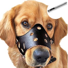 BARKLESS Dog Muzzle Leather, Soft Secure Anti-Barking Leather Muzzle for Medium Sized Dogs to Prevent Biting, Breathable and Adjustable, Allows Drinking and Panting, Used with Collars