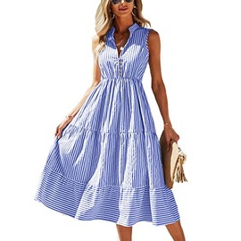 BROVAVE Womens 2024 Summer Sleeveless Shirt Dress Collar Striped V Neck Casual Midi Dresses(Blue, L)