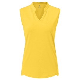 BGOWATU Women's Golf Polo T-Shirts Sleeveless V Neck Collarless Tennis Shirts UV Protection Quick Dry Lightweight Yellow XL
