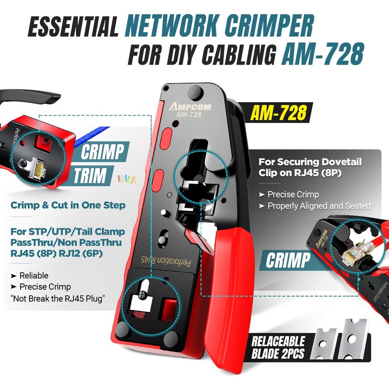 AMPCOM Ethernet Crimping Tool Kit 10-in-1 Pass Through RJ45/RJ11 Network