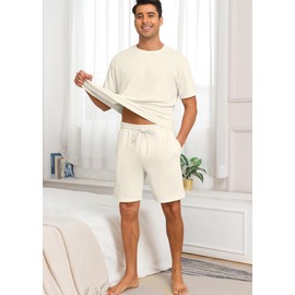 VINTATRE Mens Pajama Sets Short Sleeve Sleepwear Summer Pjs Set Lightweight Soft Shorts Set 2 Pieces Loungewear with Pockets Apricot-M