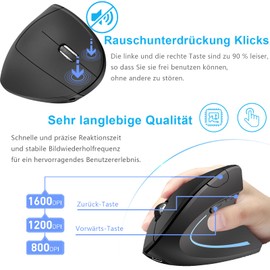 Qxvnm Ergonomische Maus Vertikal -Aufladbar 2.4GHz Optisch (Bluetooth+USB+USB C) Modi Wireless Mice- 800/1200/1600DPI 6 Tasten für Laptop Computer PC