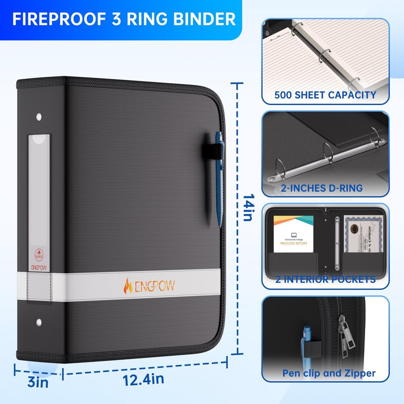ENGPOW 3 Ring Binder,Fireproof 2 Inch D Ring Binder with