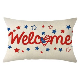 Ogiselestyle 4th of July Patriotic Welcome Throw Pillow Cover, 12 x 20 Inch Independence Memorial Day America Stars Cushion Case for Sofa Couch