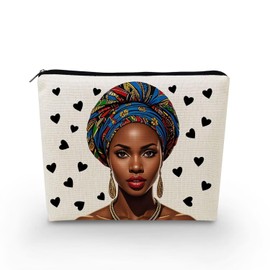 YULUENZE African American Lady Makeup Bag Cute Small Canvas Organizer Bag with Zipper Heart Black Woman Cosmetic Bag Aesthetic Birthday Present for Women Sisters Friends