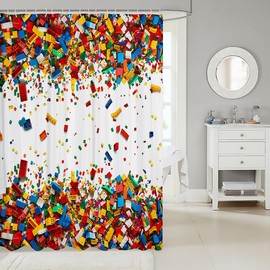 Erosebridal 3D Building Blocks Bath Curtain Construction Shower Curtain Set 72" Wx72 L,Colorful Bathroom Accessories Kids Boys Bricks Rainbow Gradient Room Decor for Teen Girls,White