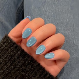 KQueenest Cat Eye Press on Nails Short Oval, 30 Pcs Pastel Baby Blue Fake Nails Short Round, Glitter Glass Glue on Nails Almond, Reusable Shiny Chrome False Nails for Women Summer Decoration