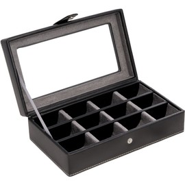 Black Genuine Leather 12 Slot Ring and Cufflink Storage Organization Jewelry Box with Glass Display