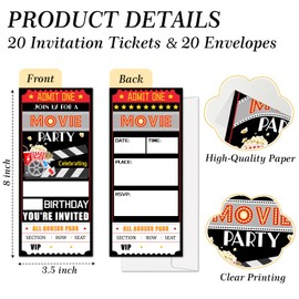 Movie Birthday Party Ticket Invitations For Boys Girls Kids, Night Theater Birthday Invites For Teens, 20 Invitation Cards With Envelopes, Any Age Party Favors Decorations -024