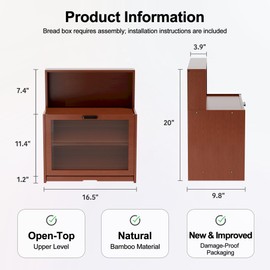 BUTUNITA Bread box for Kitchen Countertop, Farmhouse BreadBoxes for Kitchen Counter Airtight, Large Bamboo Organizer for Homemade Bread Storage, Cups, Spices & Snacks, Dark Brown