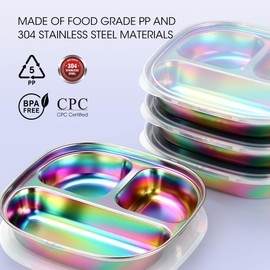 AIEVE Stainless Steel Kids Plates, Pack of 4 Stainless Steel Divided Toddler Plate with Lids