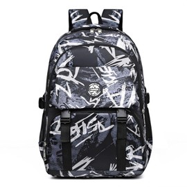 Korean Version Backpack Junior High School Student Schoolbag Camouflage Travel Rucksack Large Capacity Computer Bag Nylon Elementary School Bags(Black)