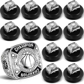 Remuuly 12 Pcs Basketball Champion Rings Basketball Champion Trophy Rings Award Gift Prize with Display Neck Chain and Stand for Basketball Tournament or Champion Winner(Silver)
