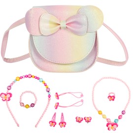 NiCoLa Cute Mouse Ear Bow PU Handbags for Girls with Kids Jewelry Set Little Girls Necklace Bracelet Ring and Earring (Multicolor)