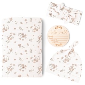 Konssy Baby Girl Newborn Receiving Blanket with Matching Headband and Beanie Set Baby Swaddle Nursery Swaddle Wrap