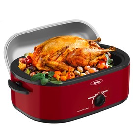22-Quart Electric Roaster Oven with Removable Pan and Self-Basting Lid, Perfect for Turkey Roasting with Temperature Control from 150 to 450°F and Cool-Touch Handles，Red