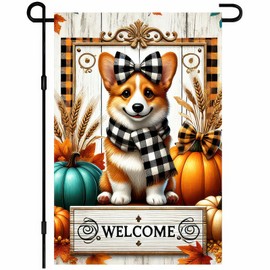 BlissYard Thanksgiving Fall Garden Flag 12x18 Inch Welcome Corgi Flag Double Sided Outdoor Autumn Yard Banner with Pumpkins and Plaid for Porch Lawn Patio Seasonal Decor
