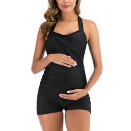 EastElegant Maternity One Piece Swimwear Retro Halter Swimsuits with Boyleg Pregnancy Bathing Suits Boyshort (Black, Medium)