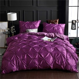 Erosebridal Purple Pinch Pleated Bedding Set Queen Size Silk Like Satin Pintuck Duvet Cover with Zipper Ruffle Design Luxury & Microfiber Comforter Cover Pintuck Decorative Quilt Cover