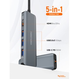 CableCreation 8K HDMI USB C Hub for MacBook Pro, 5-in-1 USB C Multiport Adapter with 100W PD, 3 USB 3.0 Ports, 8K 30Hz/4K 120Hz HDMI, Compatible with Steam Deck, Surface Pro, XPS and More - Space Grey