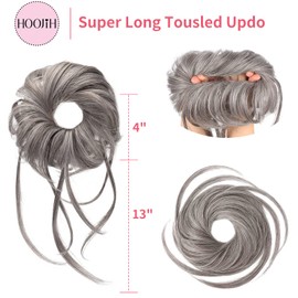 HOOJIH Messy Bun Hair Piece, Super Long Tousled Updo Hair Bun Extensions Wavy Hair Wrap Ponytail Hairpieces Hair Scrunchies with Elastic Hair Band for Women HB007 Grace - Light Gray