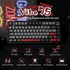 MechLands Vibe75 75% Wireless Gaming Keyboard with Interchangeable Screen&Knob Modules, Hot Swappable Creamy Mechanical Keyboard with Gasket Structure, BT5.0/2.4GHz/USB-C, 5-Layer Padding, RGB (Black)