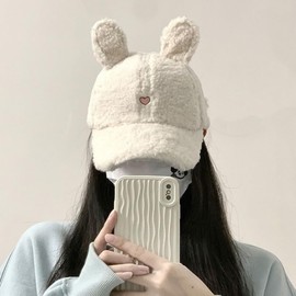 Qzkouma GAQ-0175 Women's Boa Cap, Autumn and Winter, Lambswool Hat, Rabbit Ears, Cute, white